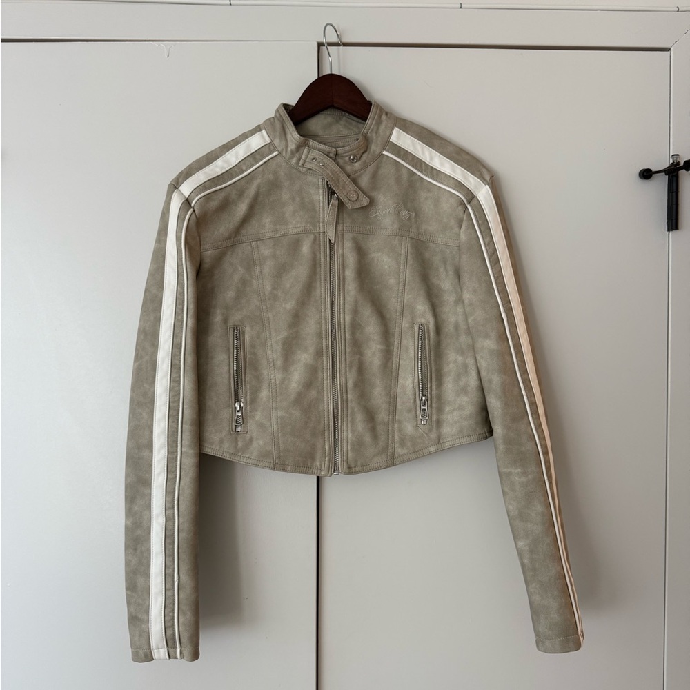 Bershka Women's Tan Leather Jacket with White Accents